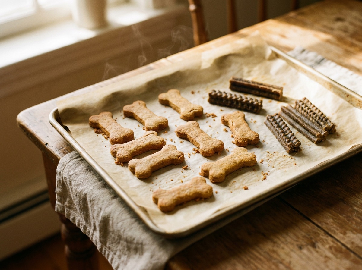 Golden bone-shaped baked biscuits steaming on a parchment-lined tray