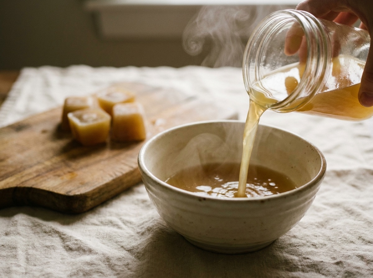 Golden bone broth pouring into a ceramic bowl with frozen broth cubes on a wooden board