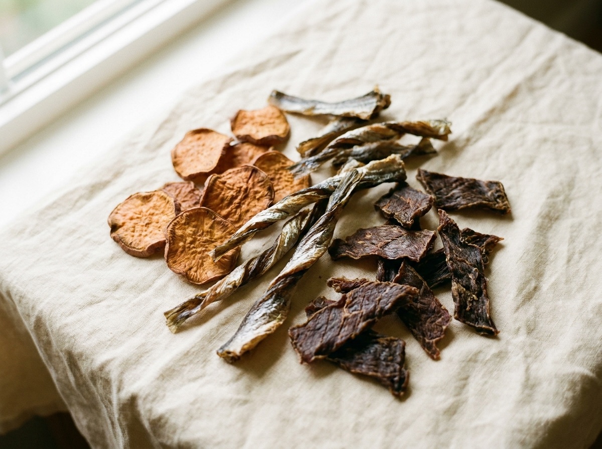 Dehydrated sweet potato slices, air-dried fish skins, and jerky pieces on cream linen