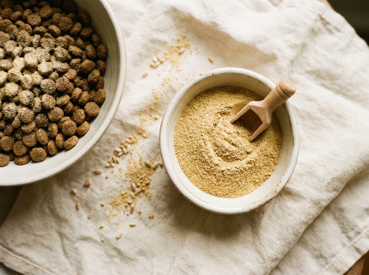 Fine golden supplement powder in a ceramic bowl with wooden scoop beside a bowl of kibble