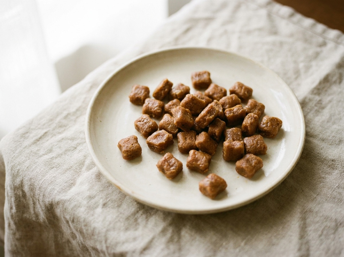 Soft chewy bite-size training treats on a cream ceramic plate