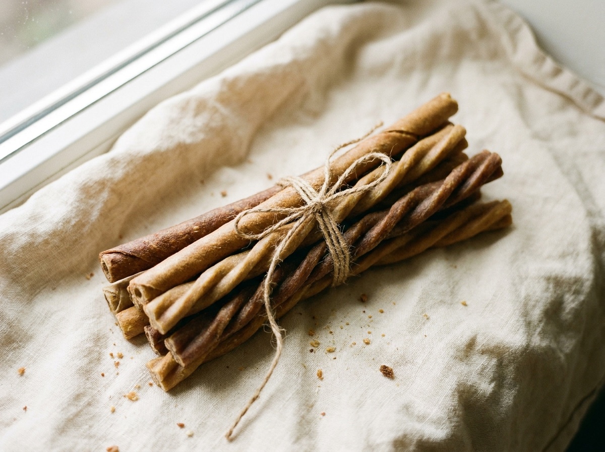 Bundle of rolled and twisted treat sticks tied with natural twine